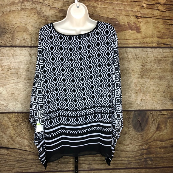 Alfred Dunner Black Geo Blouse Top Poncho Kimono - Picture 5 of 7